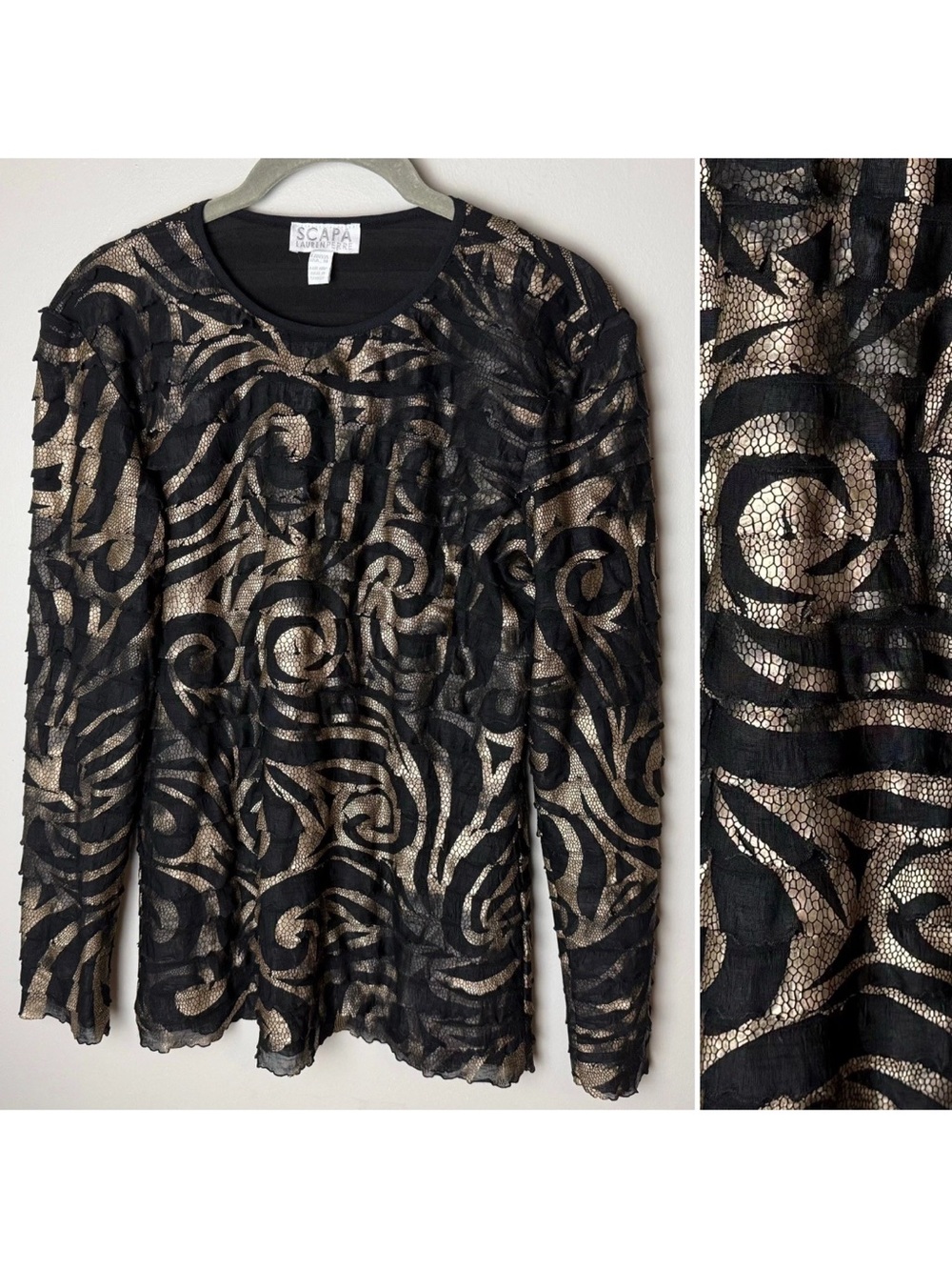 SCAPA Lauren Perre Top Size Medium Black Gold Tiered Ruffle Long Sleeves Stretch